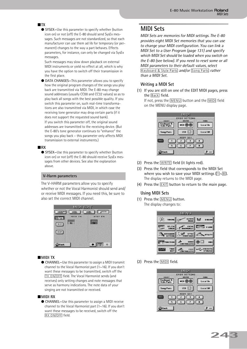Midi sets, Writing a midi set using midi sets | Roland E-80 User Manual | Page 243 / 284