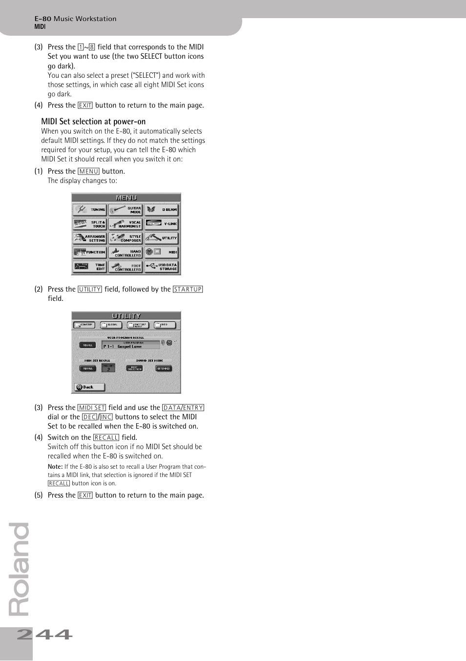 Midi set selection at power-on | Roland E-80 User Manual | Page 244 / 284
