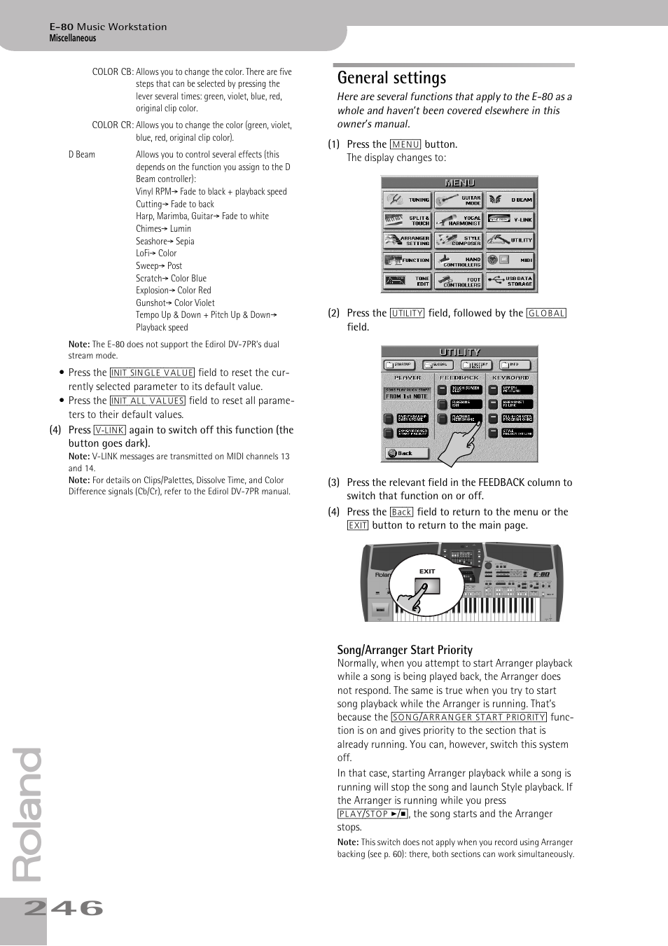General settings, Song/arranger start priority | Roland E-80 User Manual | Page 246 / 284