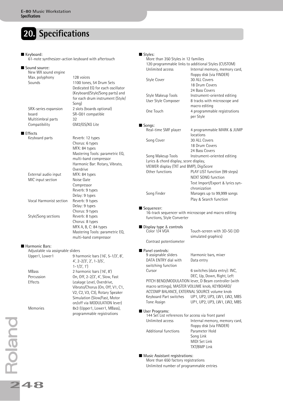 Specifications | Roland E-80 User Manual | Page 248 / 284