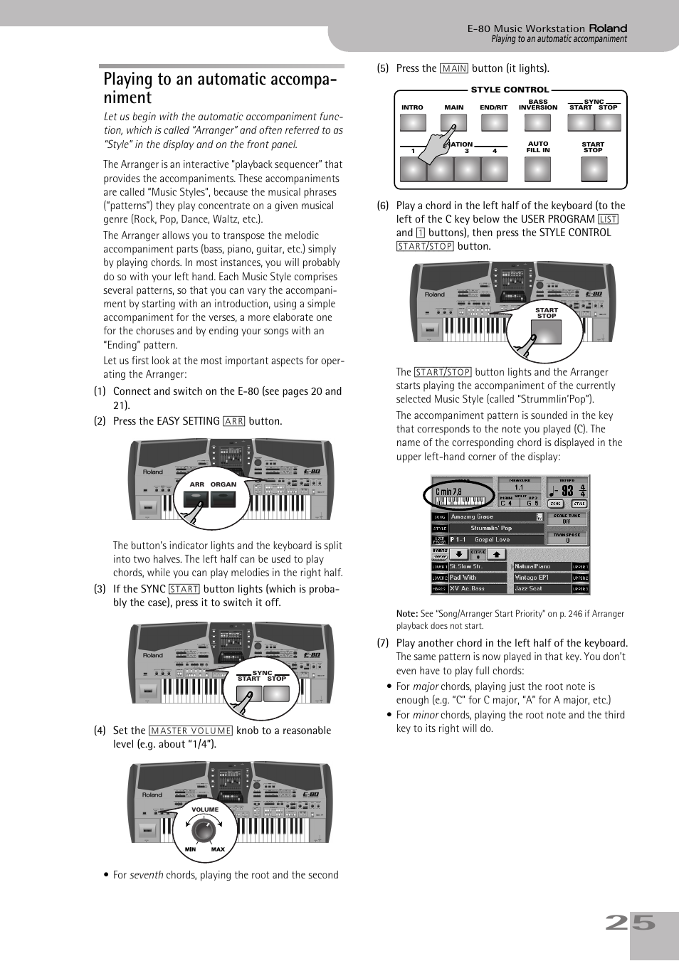 Playing to an automatic accompaniment, Playing to an automatic accompa- niment | Roland E-80 User Manual | Page 25 / 284