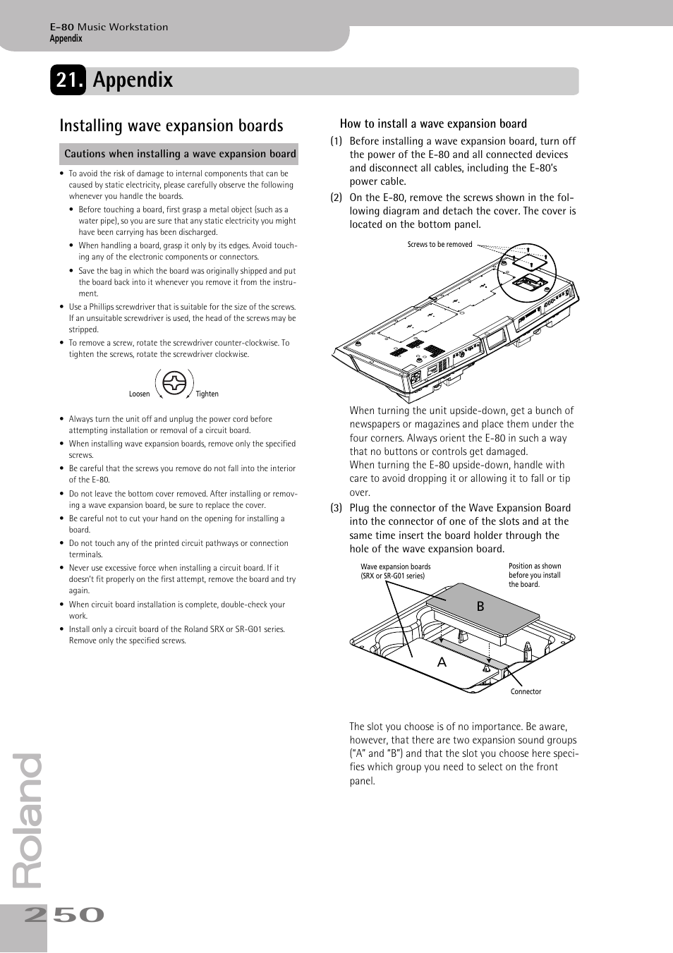 Appendix, Installing wave expansion boards | Roland E-80 User Manual | Page 250 / 284