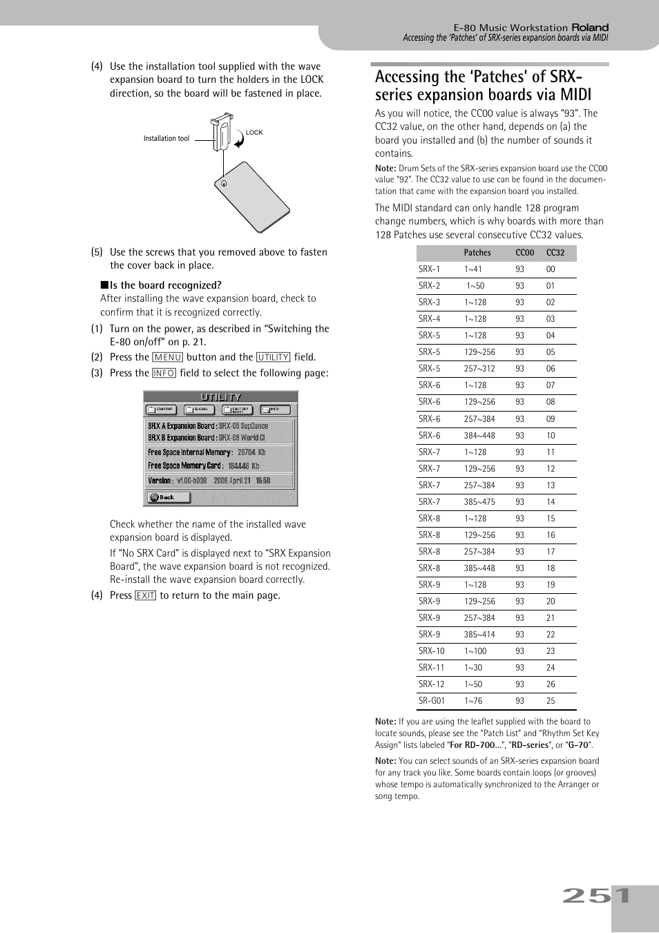 Accessing the ‘patches’ of srx-series expansion, Boards via midi | Roland E-80 User Manual | Page 251 / 284