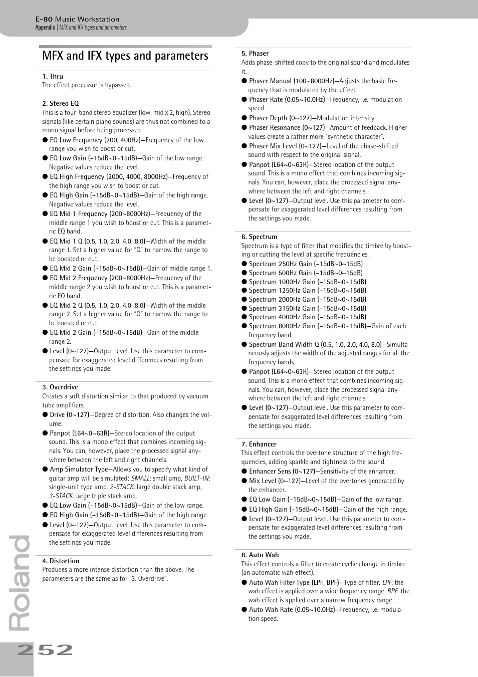 Mfx and ifx types and parameters | Roland E-80 User Manual | Page 252 / 284