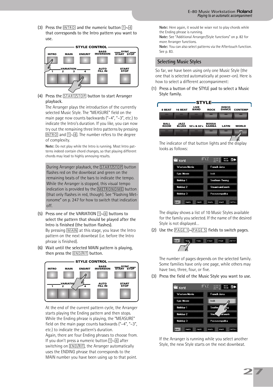 Selecting music styles | Roland E-80 User Manual | Page 27 / 284