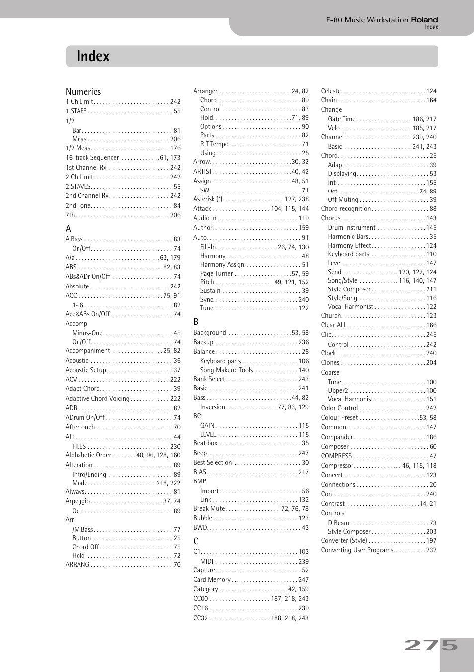 Index, 275 index, Numerics | Roland E-80 User Manual | Page 275 / 284