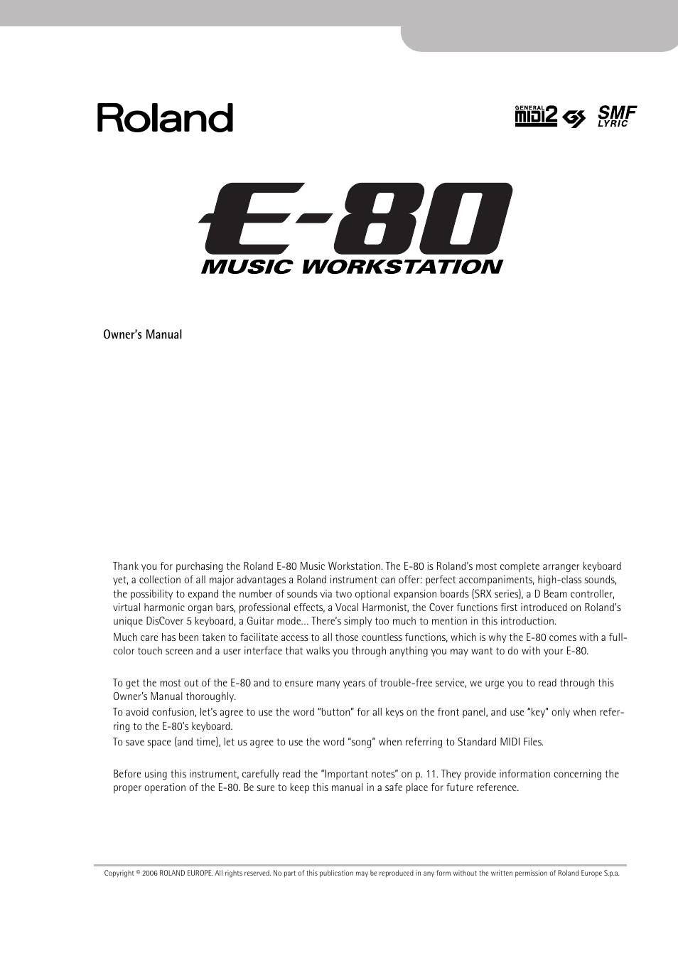 Roland E-80 User Manual | Page 3 / 284