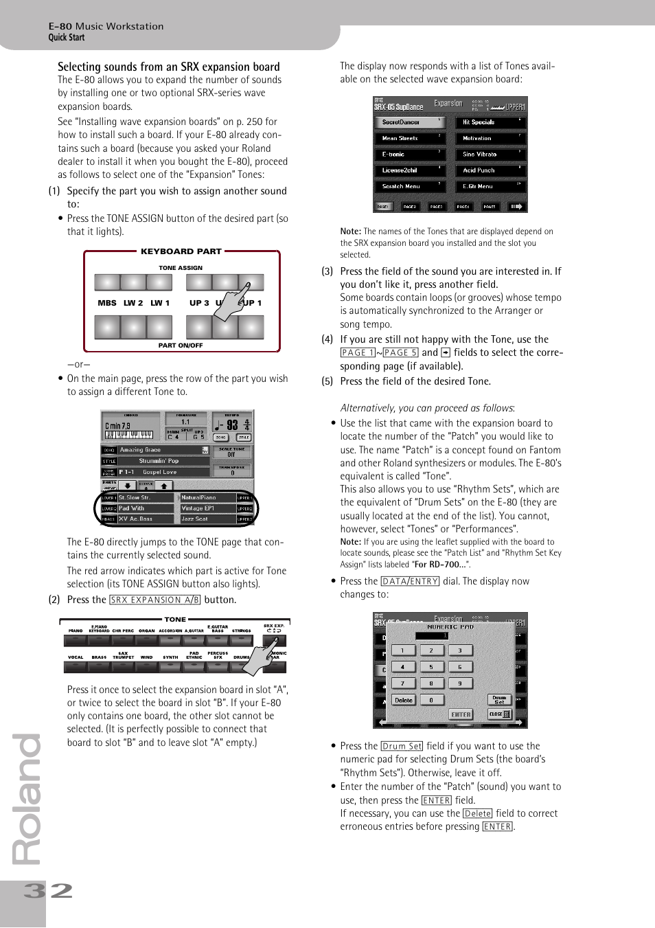 Selecting sounds from an srx expansion board | Roland E-80 User Manual | Page 32 / 284