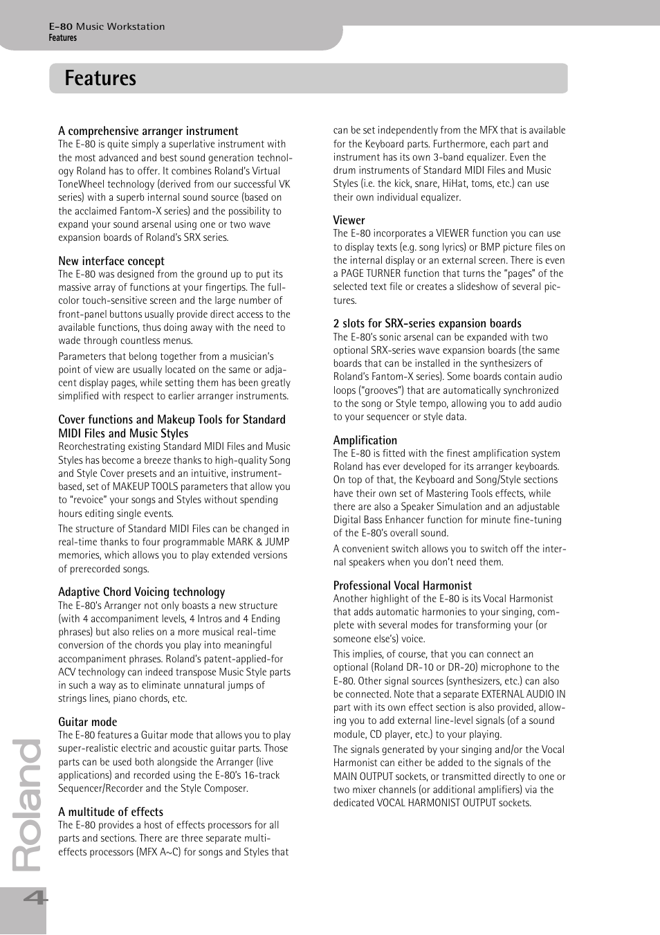 Features | Roland E-80 User Manual | Page 4 / 284
