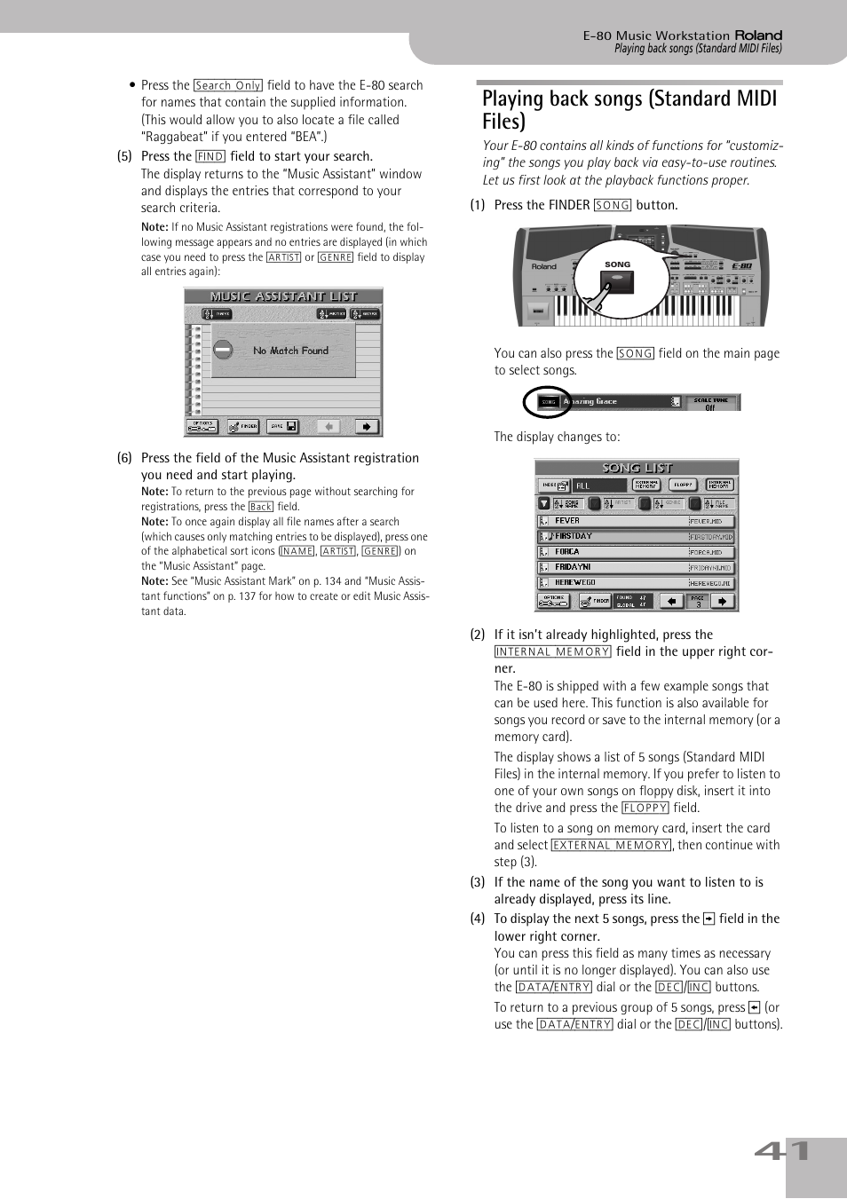 Playing back songs (standard midi files), The display changes to | Roland E-80 User Manual | Page 41 / 284
