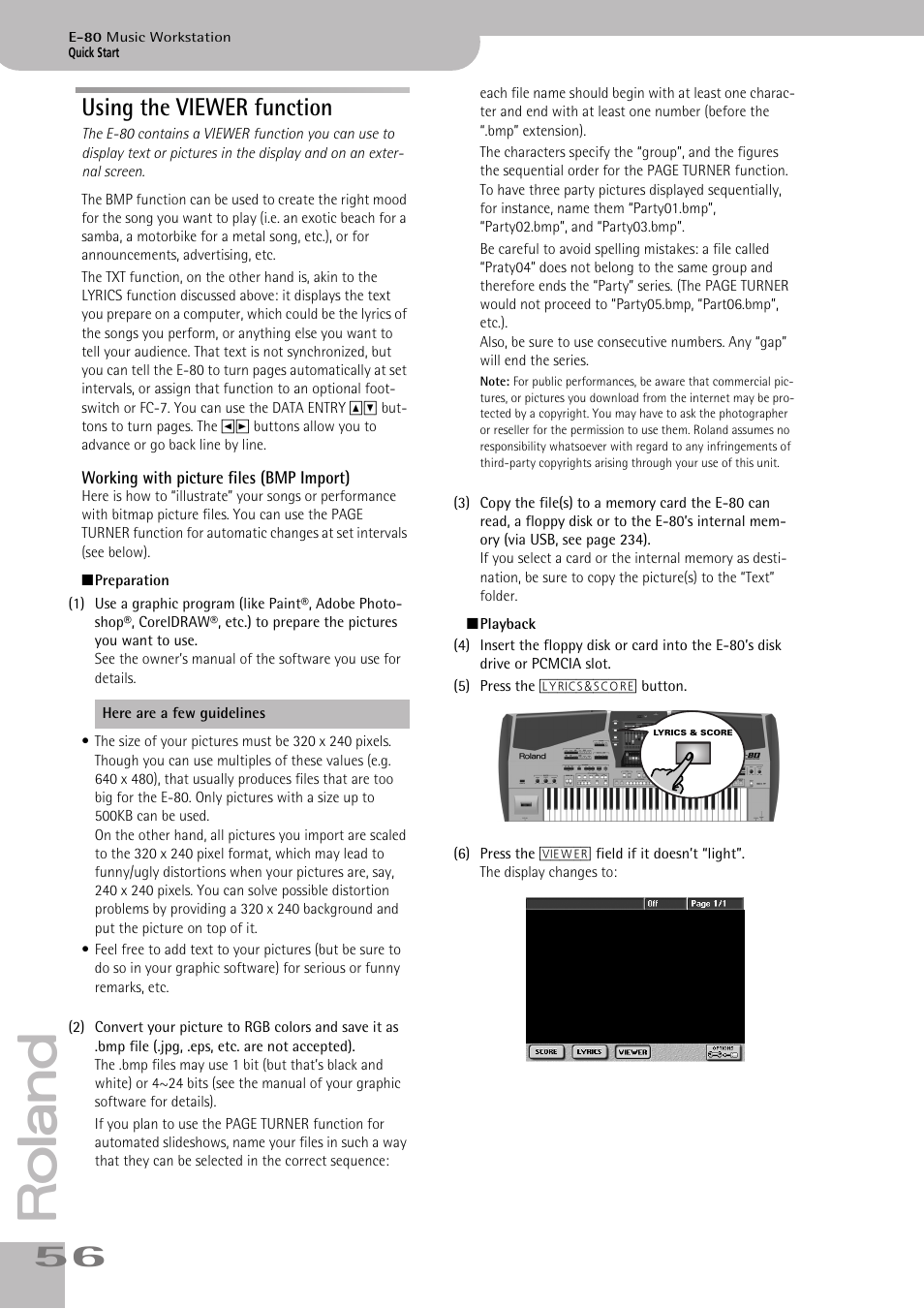 Using the viewer function, Working with picture files (bmp import), The viewer function (see p. 56) | Information (see p. 56) | Roland E-80 User Manual | Page 56 / 284