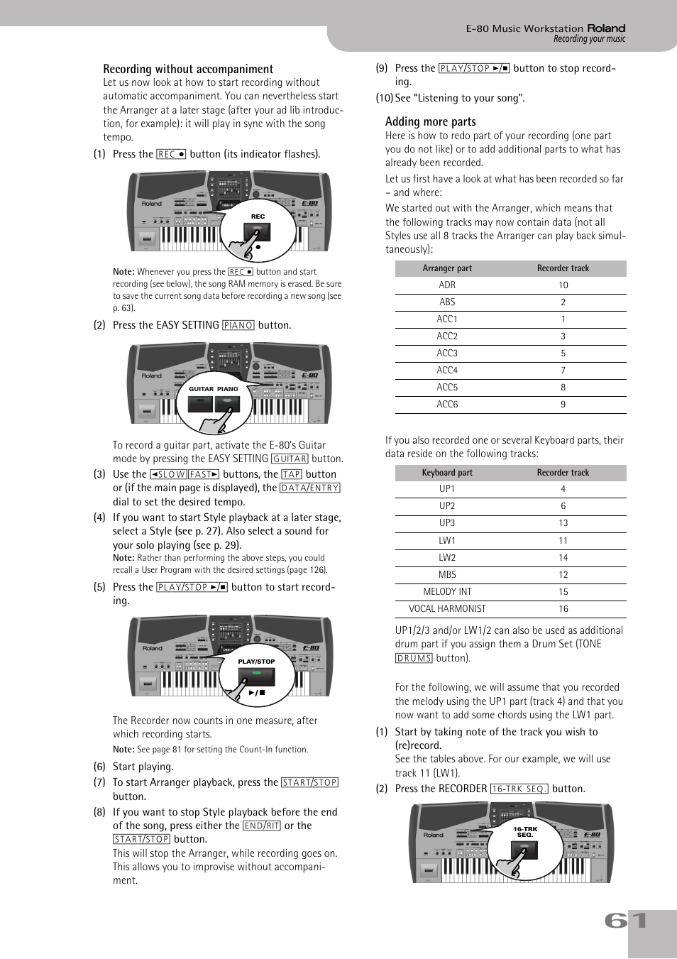 Recording without accompaniment adding more parts, Recording without accompaniment, Adding more parts | Roland E-80 User Manual | Page 61 / 284