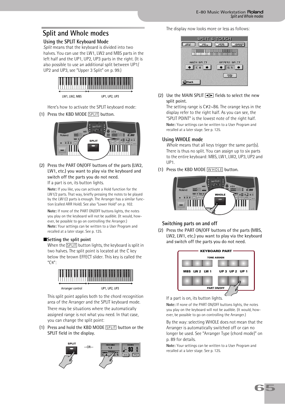 Split and whole modes, Parts for creating richer sounds. see p. 65, Using the split keyboard mode | Using whole mode, Switching parts on and off | Roland E-80 User Manual | Page 65 / 284