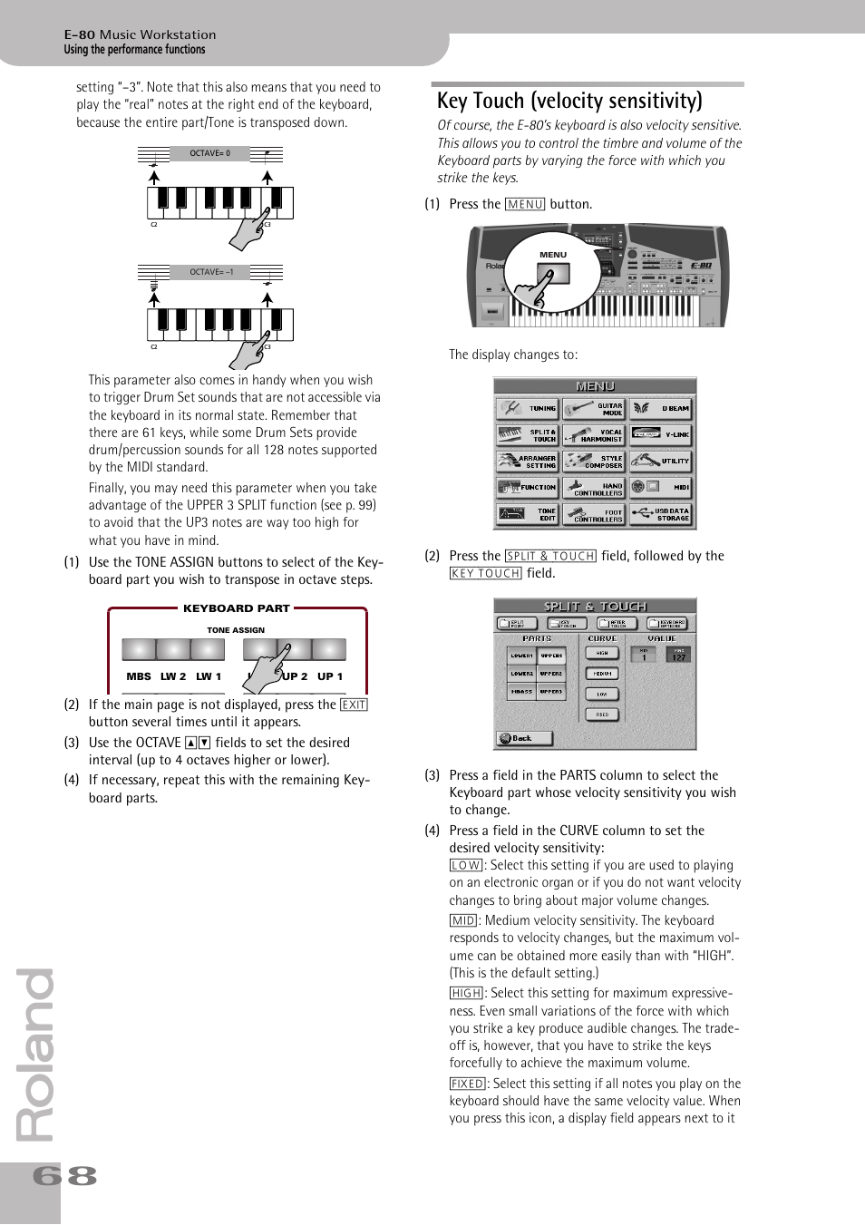 Key touch (velocity sensitivity) | Roland E-80 User Manual | Page 68 / 284