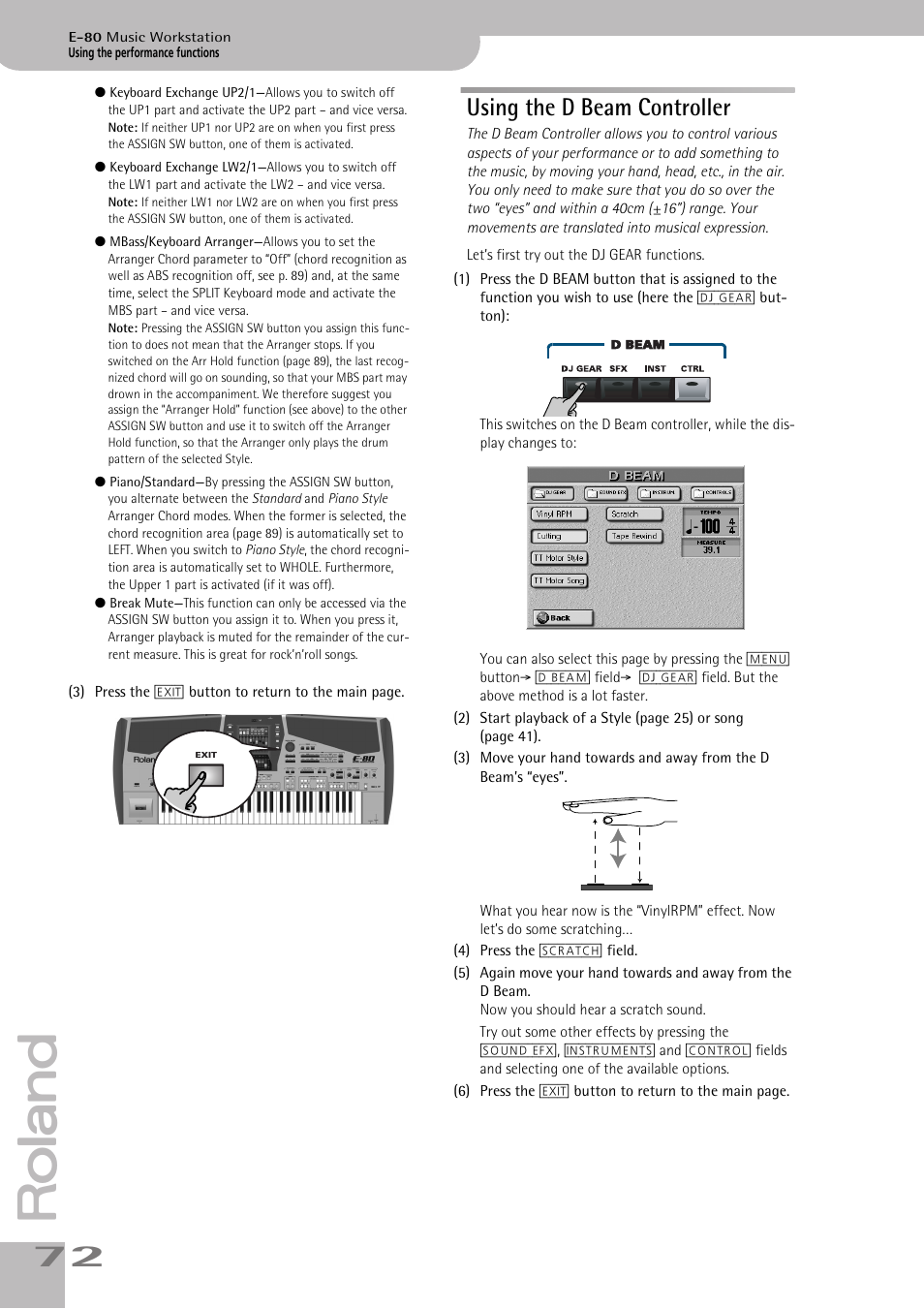 Using the d beam controller, P. 72 | Roland E-80 User Manual | Page 72 / 284