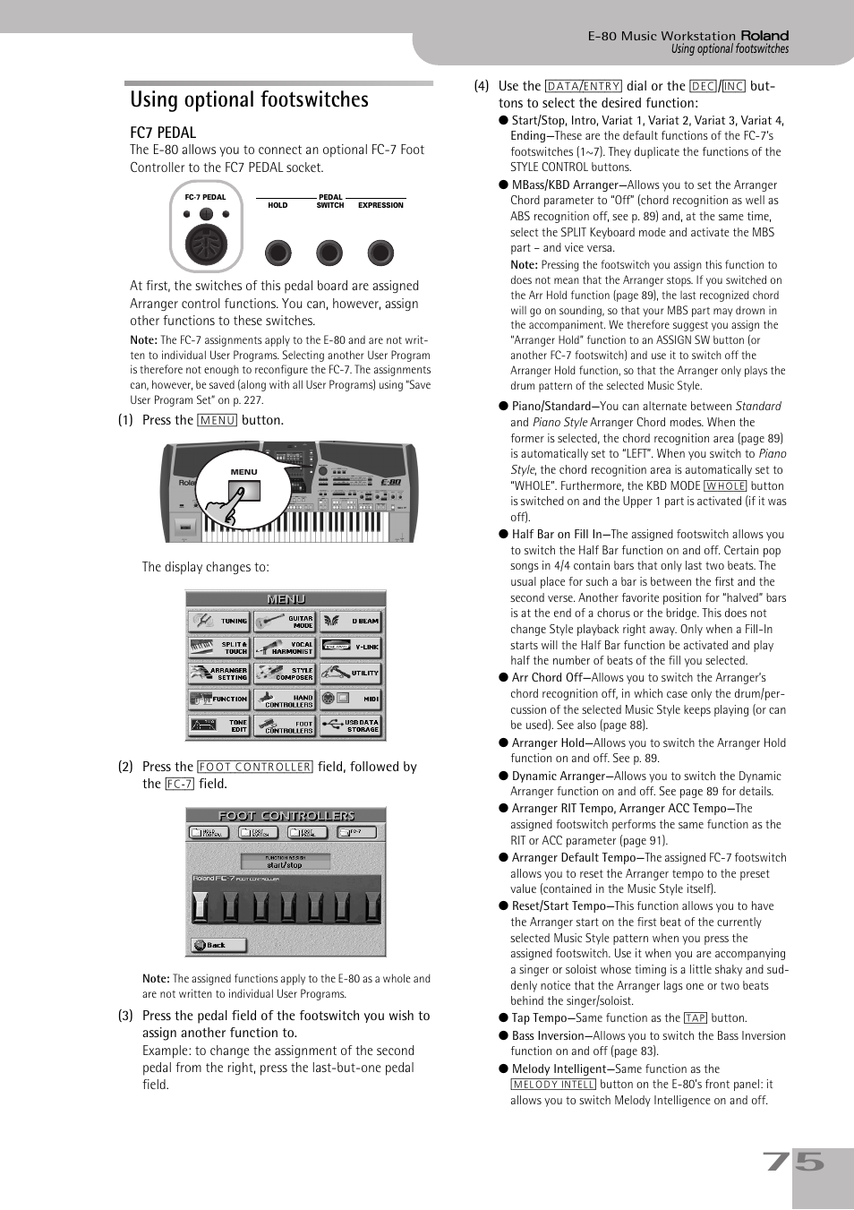 Using optional footswitches, Fc7 pedal | Roland E-80 User Manual | Page 75 / 284