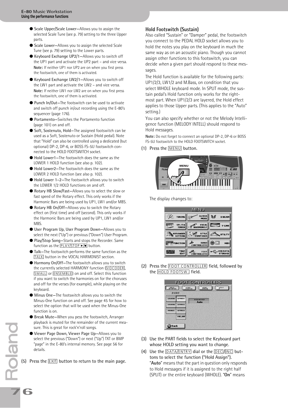 Hold footswitch (sustain), Footswitch (see p. 76) | Roland E-80 User Manual | Page 76 / 284