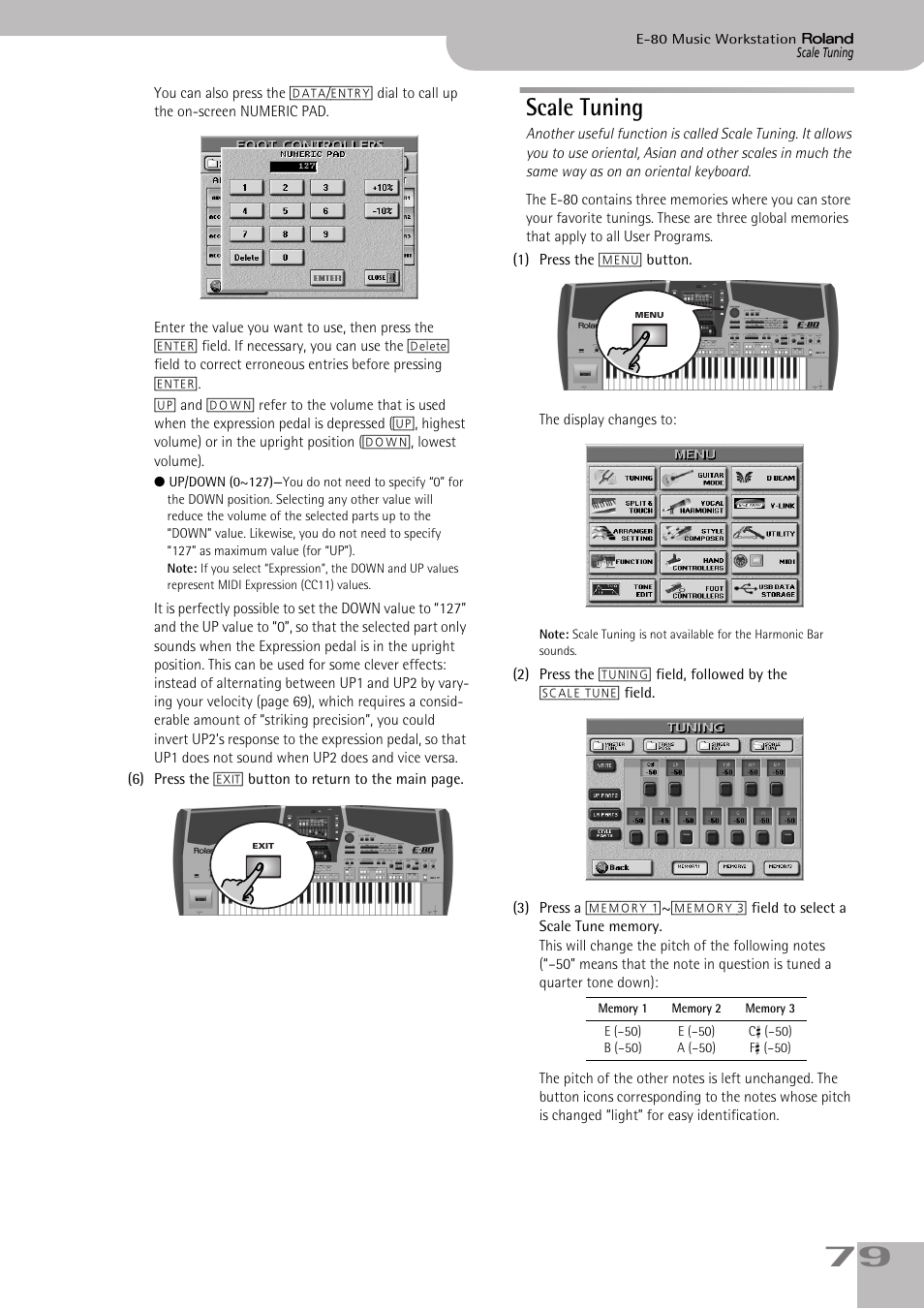 Scale tuning, Tune (see p. 79) setting to the three upper parts, Tune (see p. 79) setting to the lower parts | Roland E-80 User Manual | Page 79 / 284