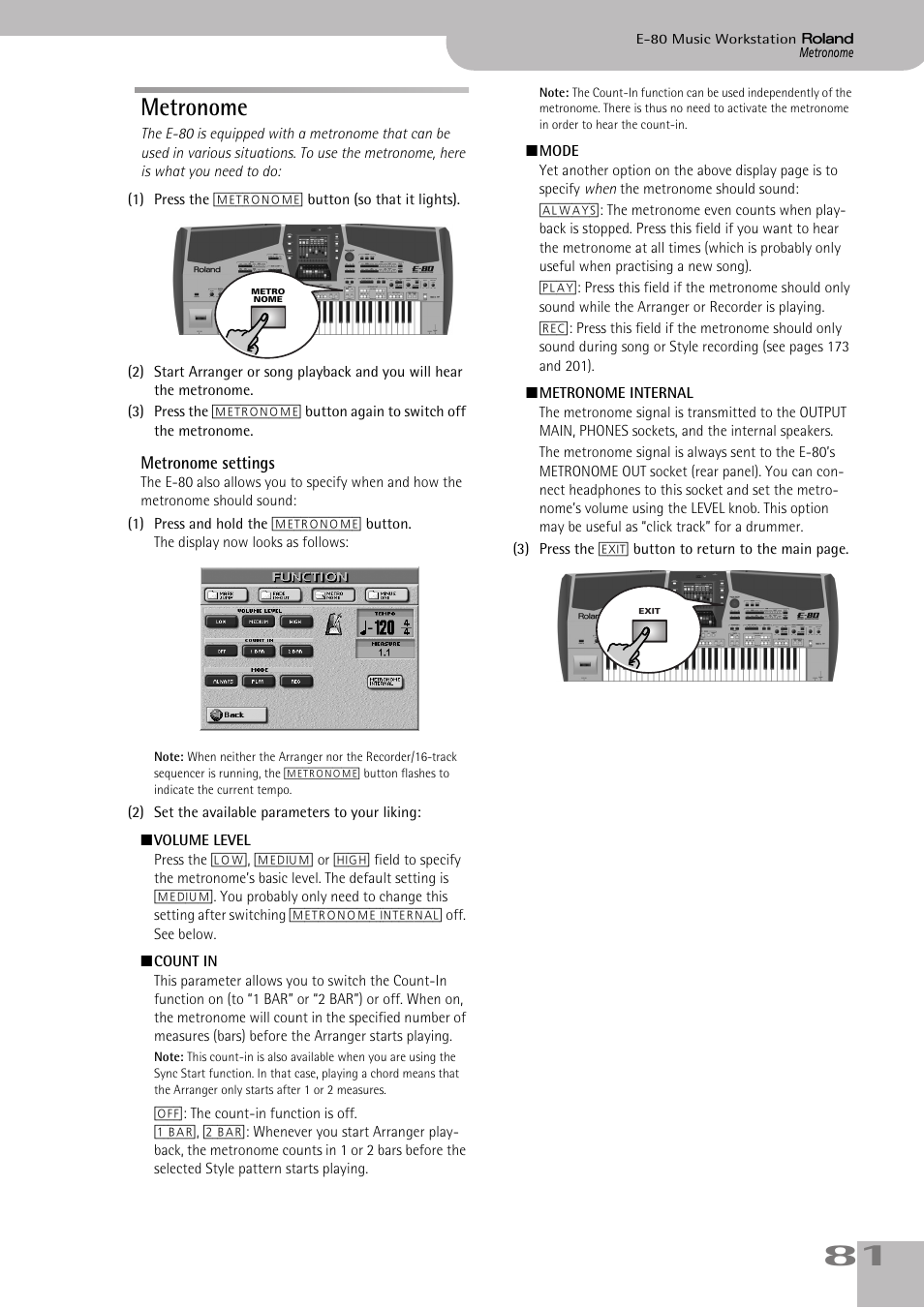 Metronome | Roland E-80 User Manual | Page 81 / 284