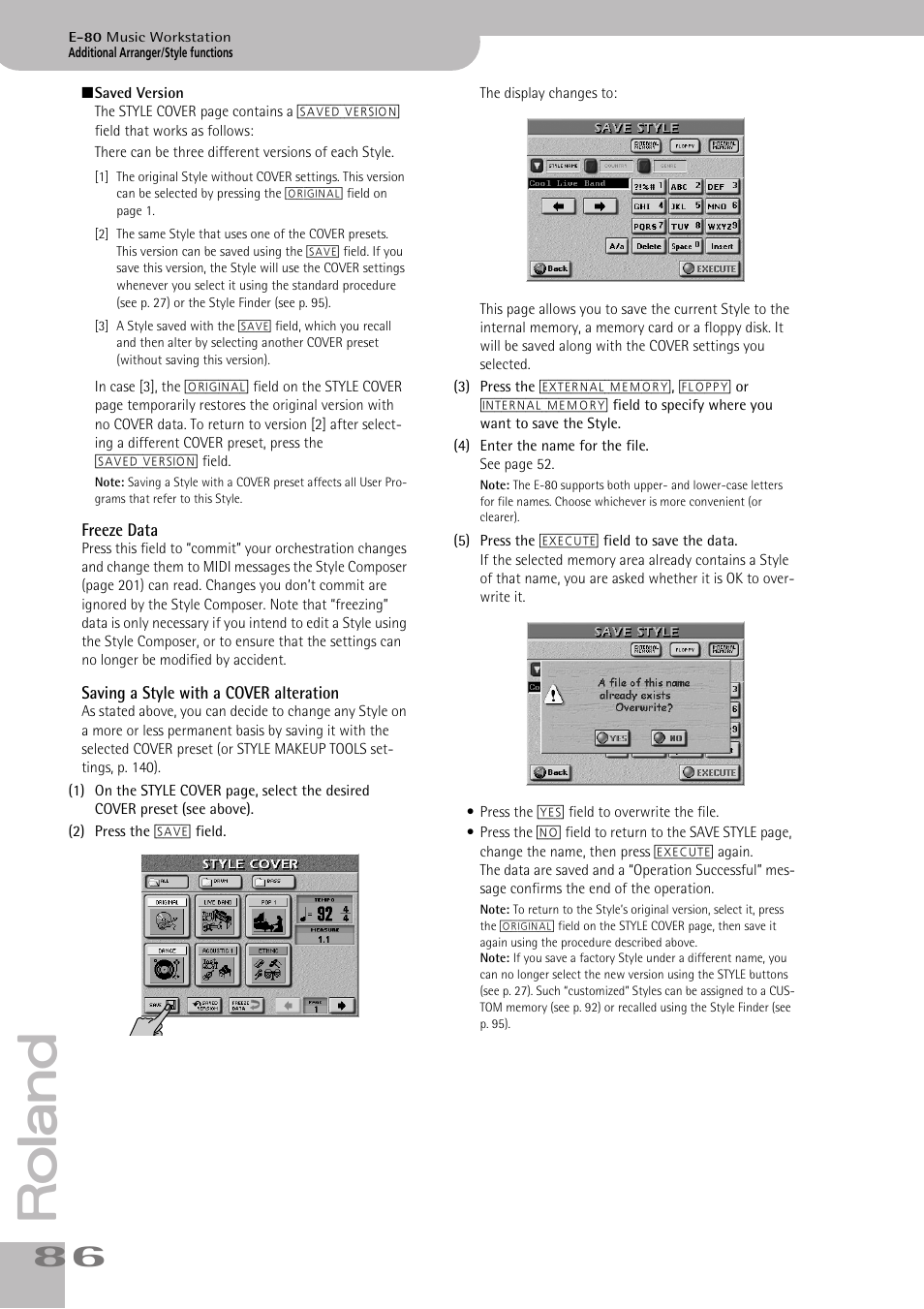 Freeze data saving a style with a cover alteration, Disk (see p. 86) | Roland E-80 User Manual | Page 86 / 284