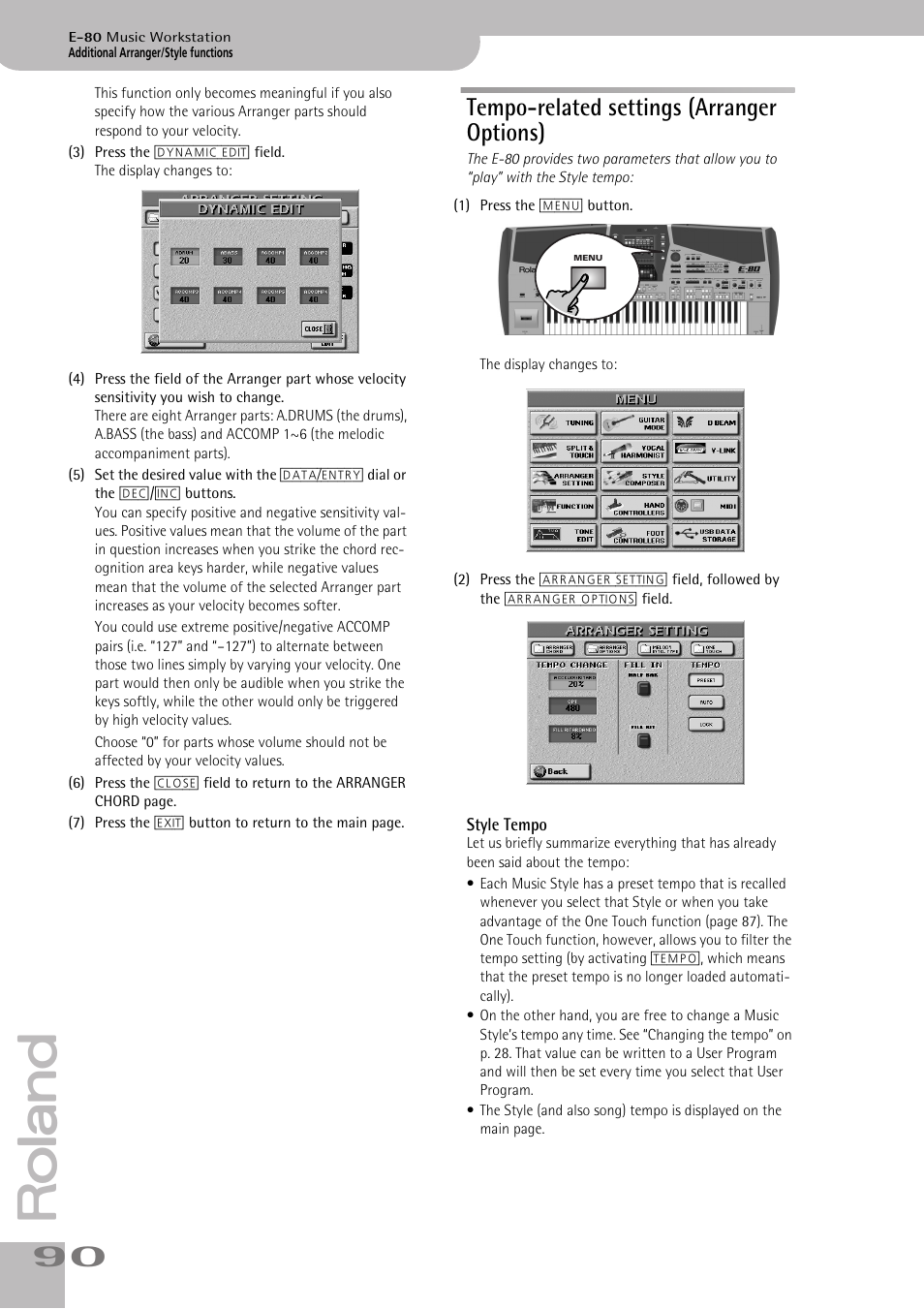 Tempo-related settings (arranger options), Style tempo | Roland E-80 User Manual | Page 90 / 284