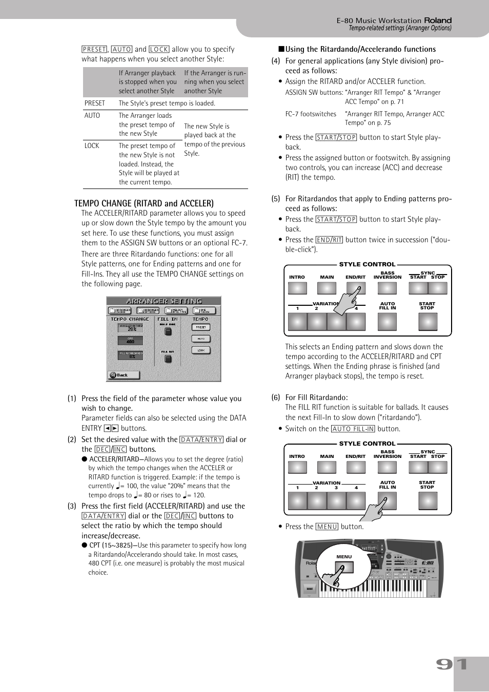 Tempo change (ritard and acceler) | Roland E-80 User Manual | Page 91 / 284