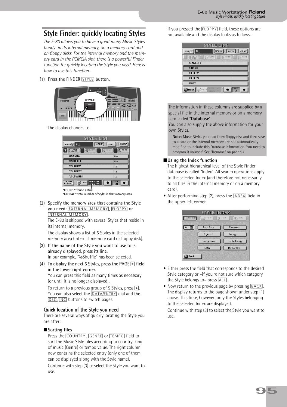 Style finder: quickly locating styles, Quick location of the style you need, See p. 95) | Roland E-80 User Manual | Page 95 / 284