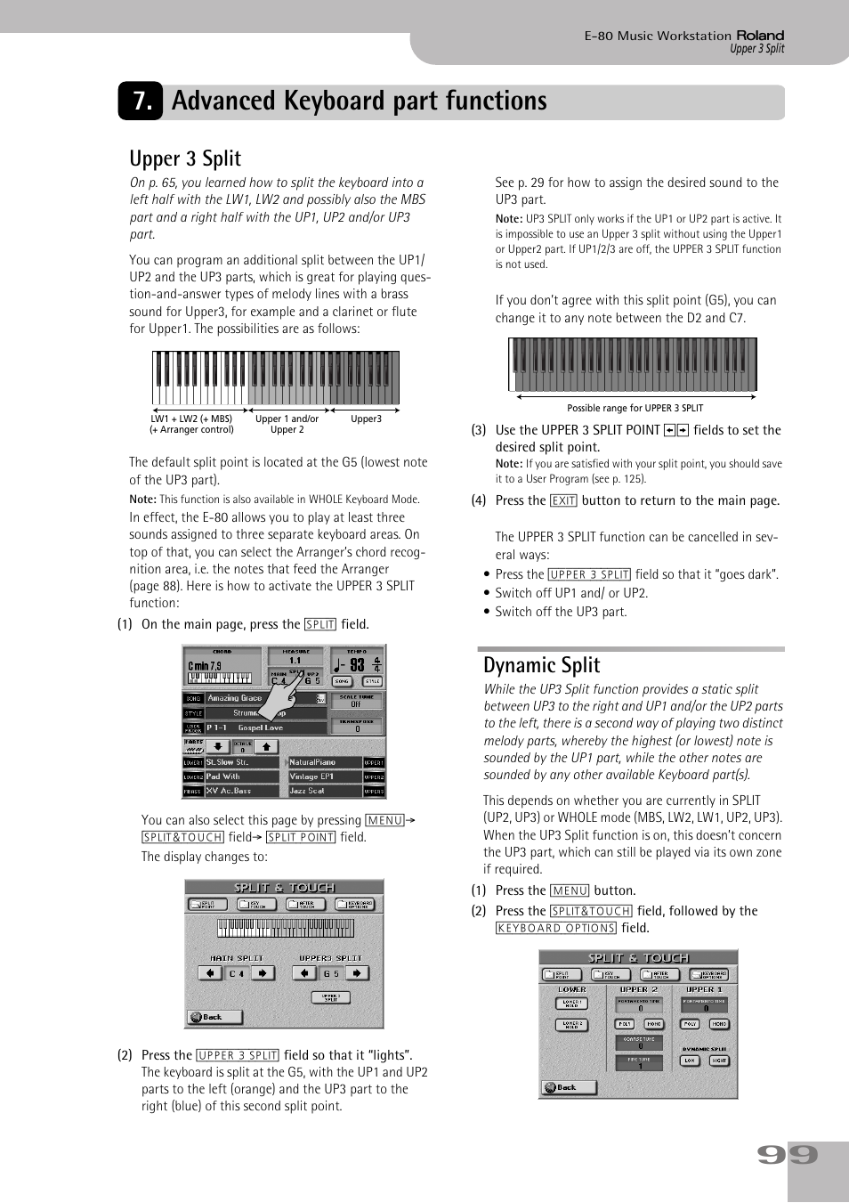 Advanced keyboard part functions, Upper 3 split, Dynamic split | Upper 3 split dynamic split, Function (see p. 99), An additional split combination (see p. 99), Up2 and up3, see “upper 3 split” on p. 99.) | Roland E-80 User Manual | Page 99 / 284