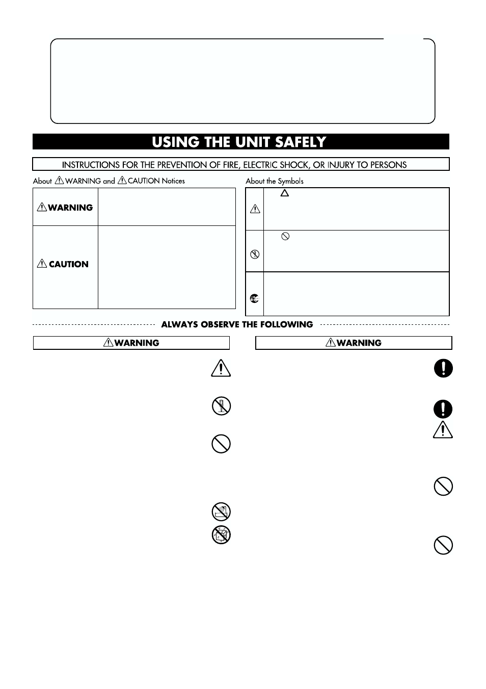 Using the unit safely | Roland F-90. User Manual | Page 2 / 32