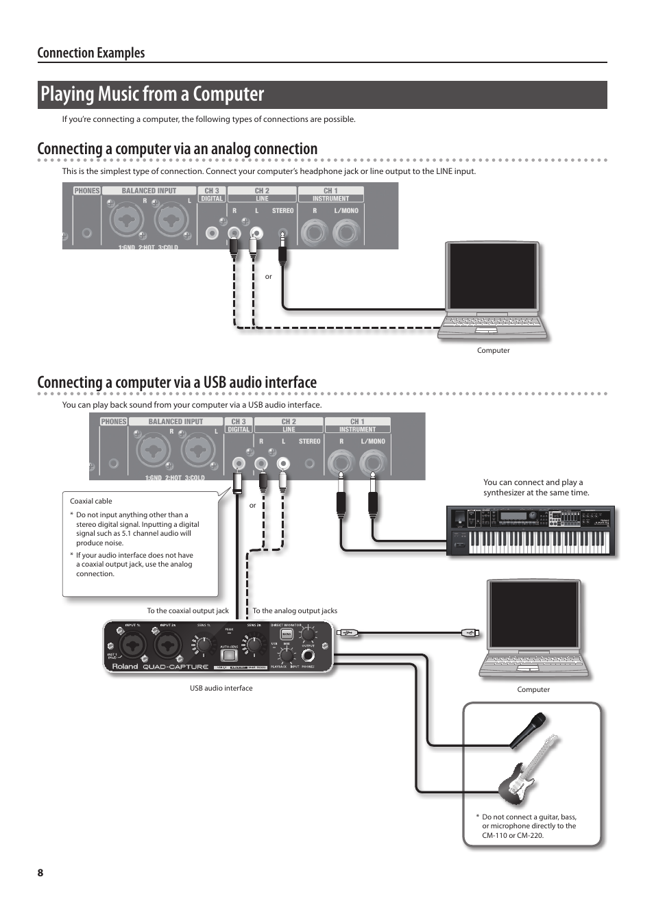 Playing music from a computer, Connecting a computer via an analog connection, Connecting a computer via a usb audio interface | Connection examples | Roland CUBE MONITOR cm110 User Manual | Page 10 / 92