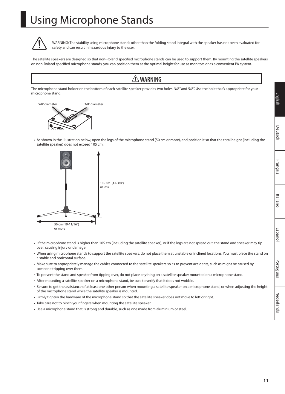 Using microphone stands, Warning | Roland CUBE MONITOR cm110 User Manual | Page 13 / 92