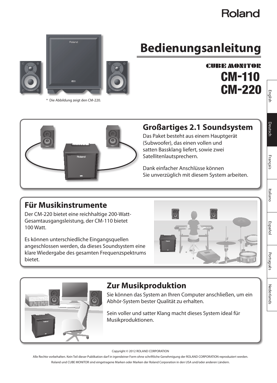 Deutsch, Bedienungsanleitung, Für musikinstrumente | Zur musikproduktion, Großartiges 2.1 soundsystem | Roland CUBE MONITOR cm110 User Manual | Page 15 / 92