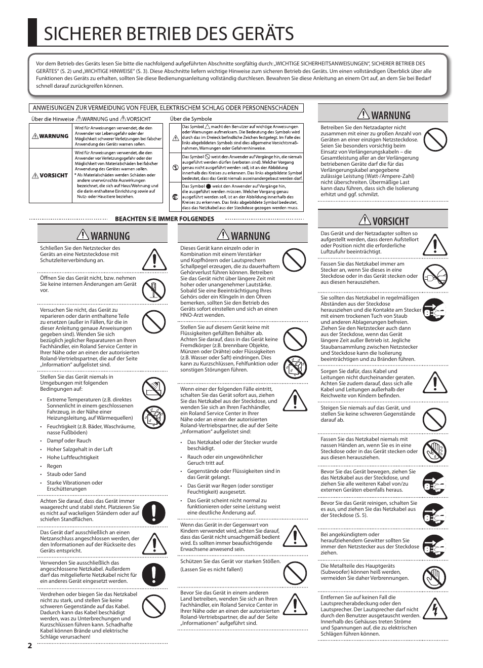 Sicherer betrieb des geräts, Warnung, Vorsicht | Roland CUBE MONITOR cm110 User Manual | Page 16 / 92