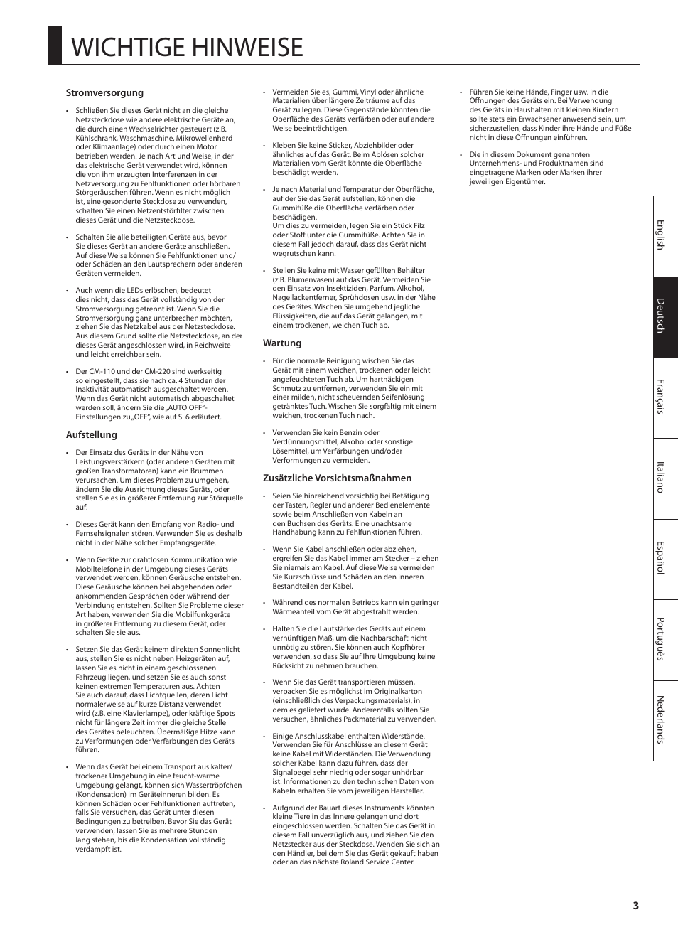 Wichtige hinweise | Roland CUBE MONITOR cm110 User Manual | Page 17 / 92