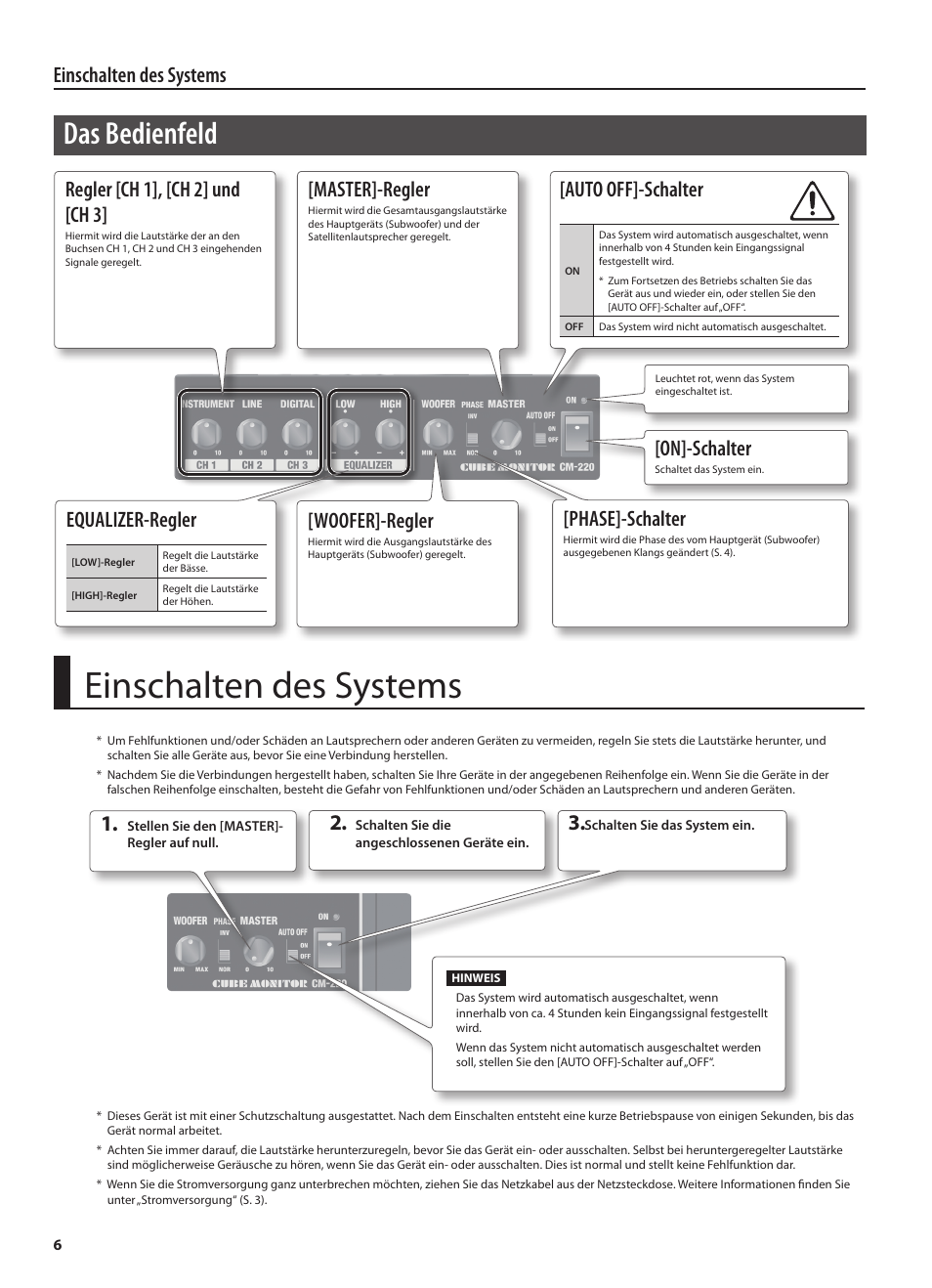 Das bedienfeld, Einschalten des systems, On]-schalter | Master]-regler, Auto off]-schalter, Regler [ch 1], [ch 2] und [ch 3, Woofer]-regler, Phase]-schalter, Equalizer-regler | Roland CUBE MONITOR cm110 User Manual | Page 20 / 92