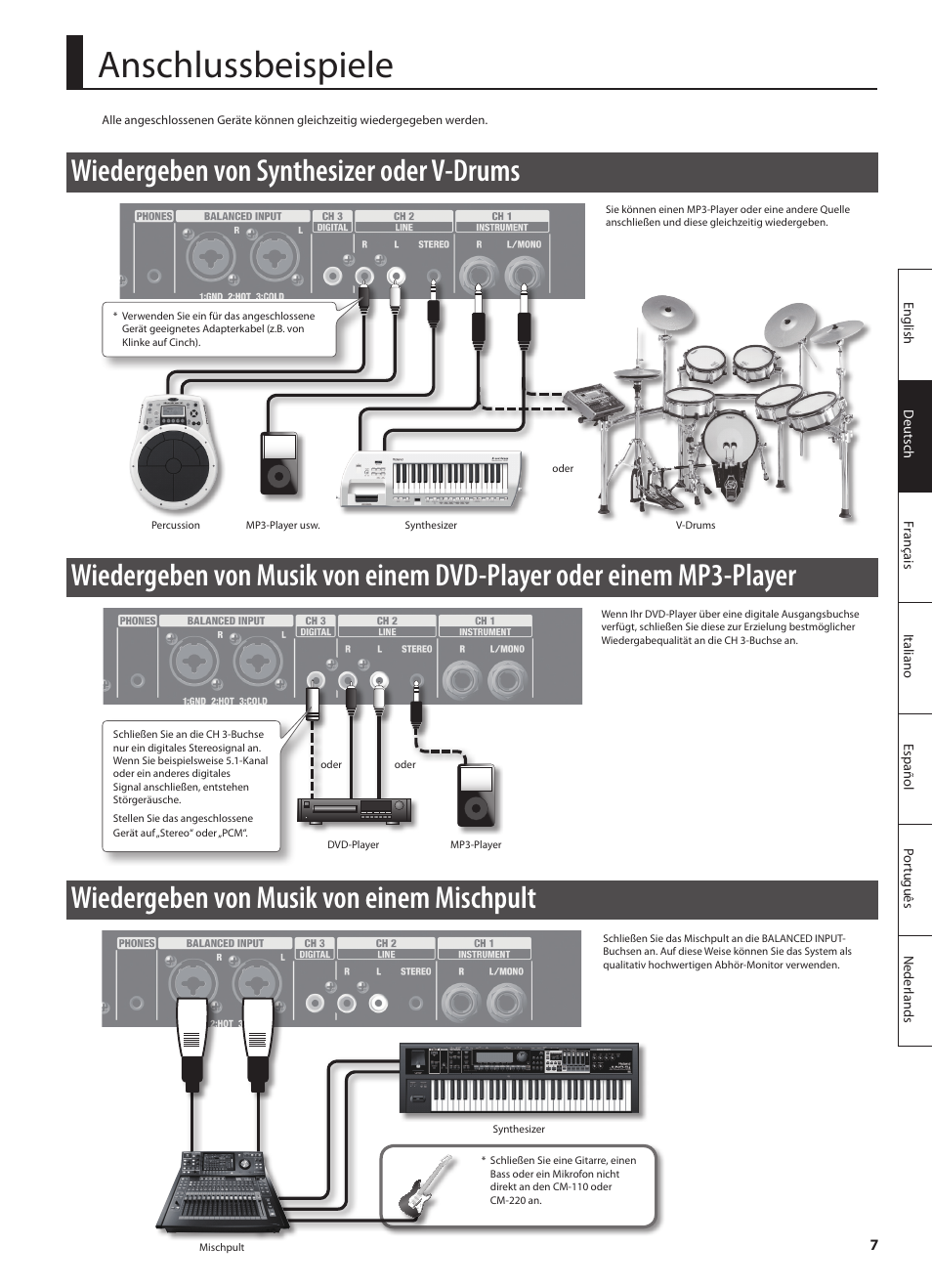 Anschlussbeispiele, Wiedergeben von synthesizer oder v-drums, Wiedergeben von musik von einem mischpult | Roland CUBE MONITOR cm110 User Manual | Page 21 / 92