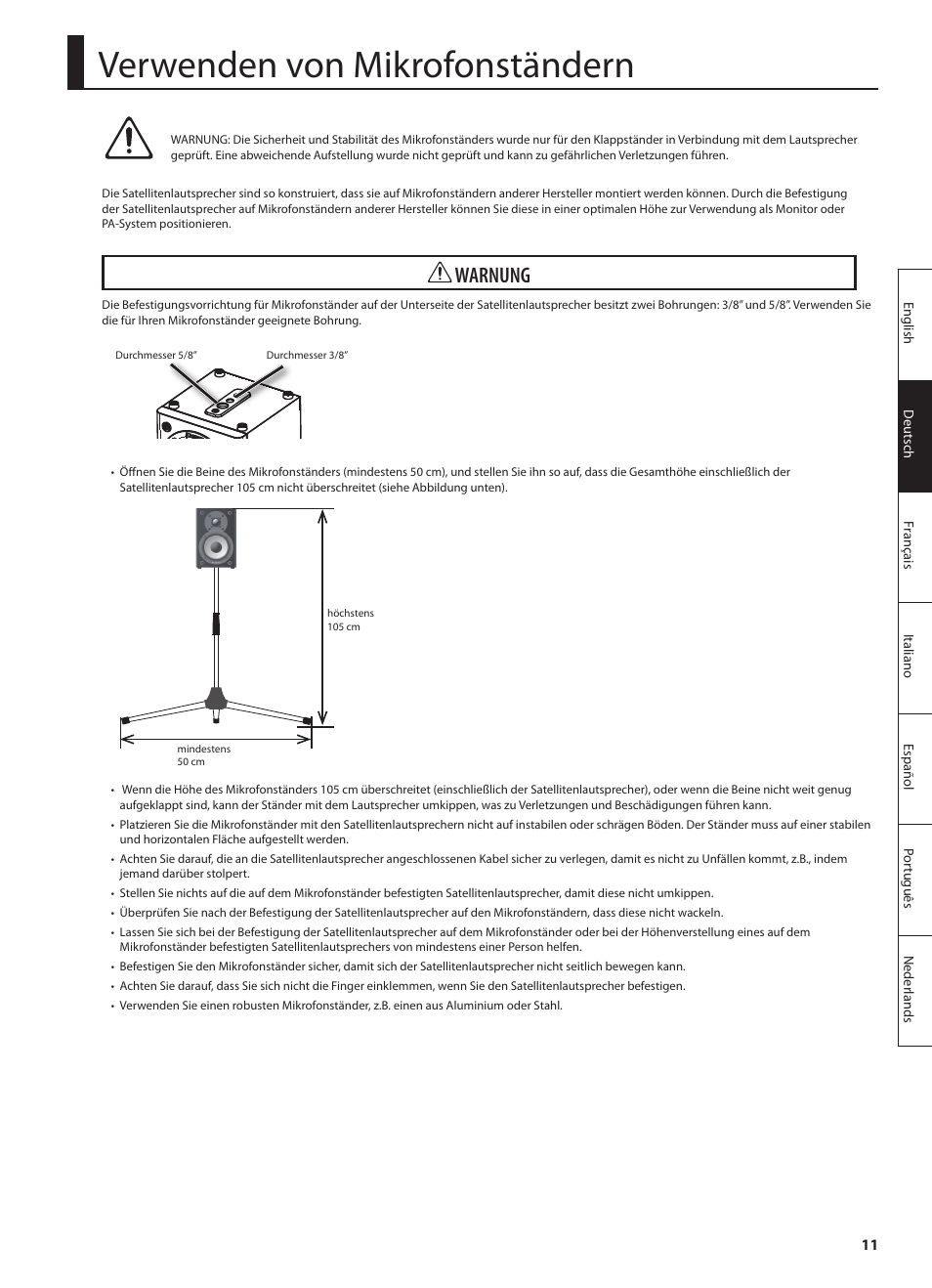 Verwenden von mikrofonständern, Warnung | Roland CUBE MONITOR cm110 User Manual | Page 25 / 92