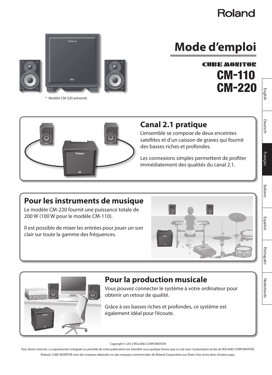 Français, Mode d’emploi, Pour les instruments de musique | Pour la production musicale, Canal 2.1 pratique | Roland CUBE MONITOR cm110 User Manual | Page 27 / 92