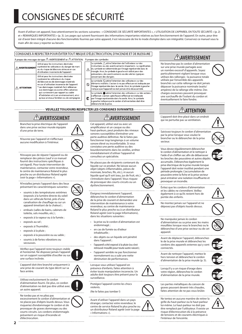 Consignes de sécurité, Avertissement, Attention | Roland CUBE MONITOR cm110 User Manual | Page 28 / 92