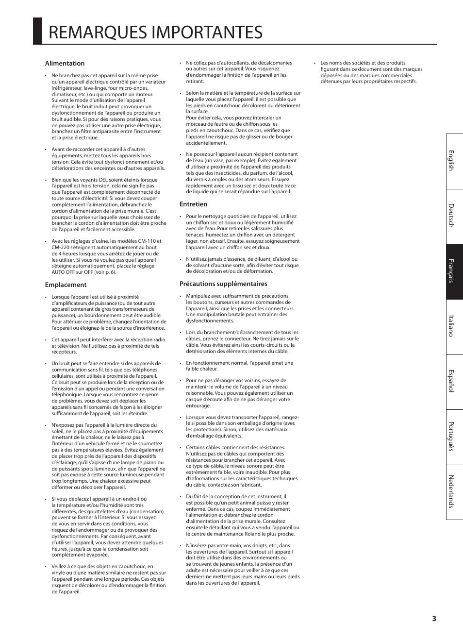 Remarques importantes | Roland CUBE MONITOR cm110 User Manual | Page 29 / 92