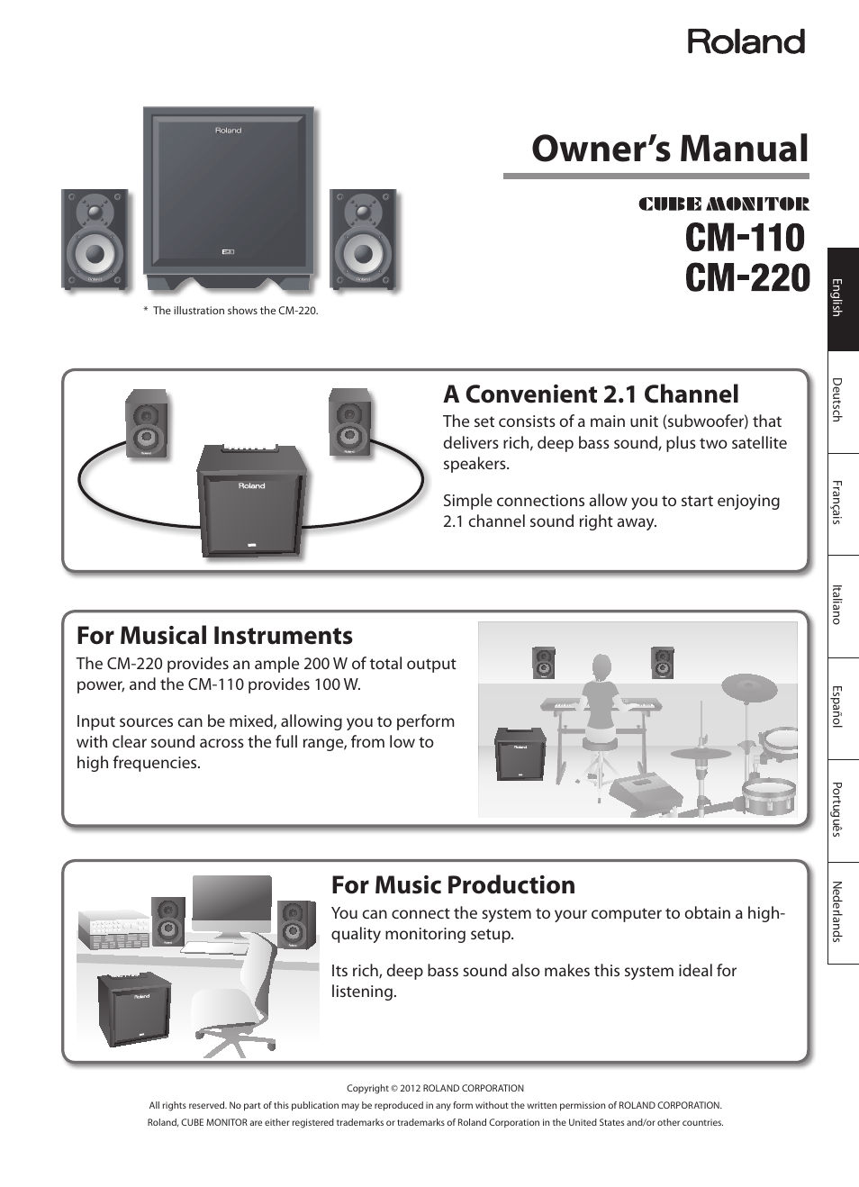 English, Owner’s manual, For musical instruments | For music production, A convenient 2.1 channel | Roland CUBE MONITOR cm110 User Manual | Page 3 / 92