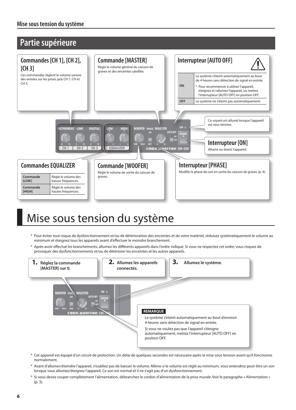 Mise sous tension du système, Partie☐supérieure, Mise☐sous☐tension☐du☐système | Interrupteur☐[on, Commande☐[master, Interrupteur☐[auto☐off, Commandes☐[ch☐1],☐[ch☐2],☐ [ch☐3, Commande☐[woofer, Interrupteur☐[phase, Commandes☐equalizer | Roland CUBE MONITOR cm110 User Manual | Page 32 / 92