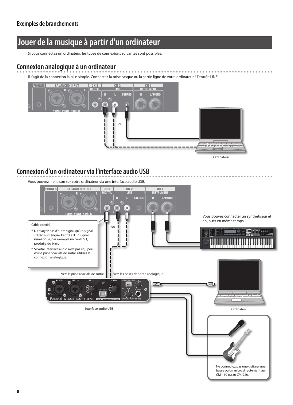 Jouer☐de☐la☐musique☐à☐partir☐d'un☐ordinateur, Connexion☐analogique☐à☐un☐ordinateur, Exemples☐de☐branchements | Roland CUBE MONITOR cm110 User Manual | Page 34 / 92