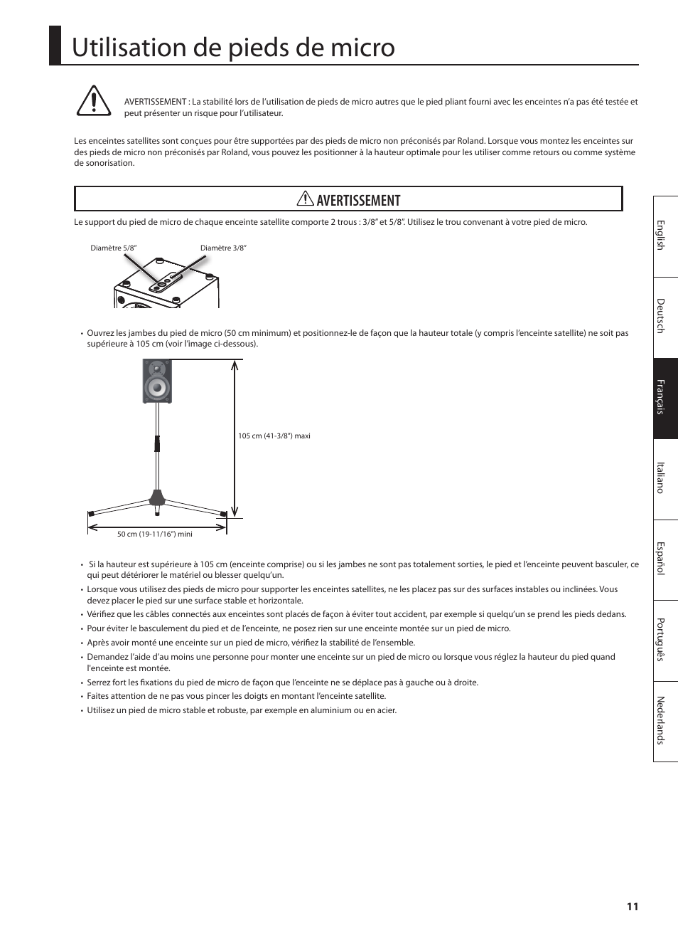 Utilisation de pieds de micro, Avertissement | Roland CUBE MONITOR cm110 User Manual | Page 37 / 92