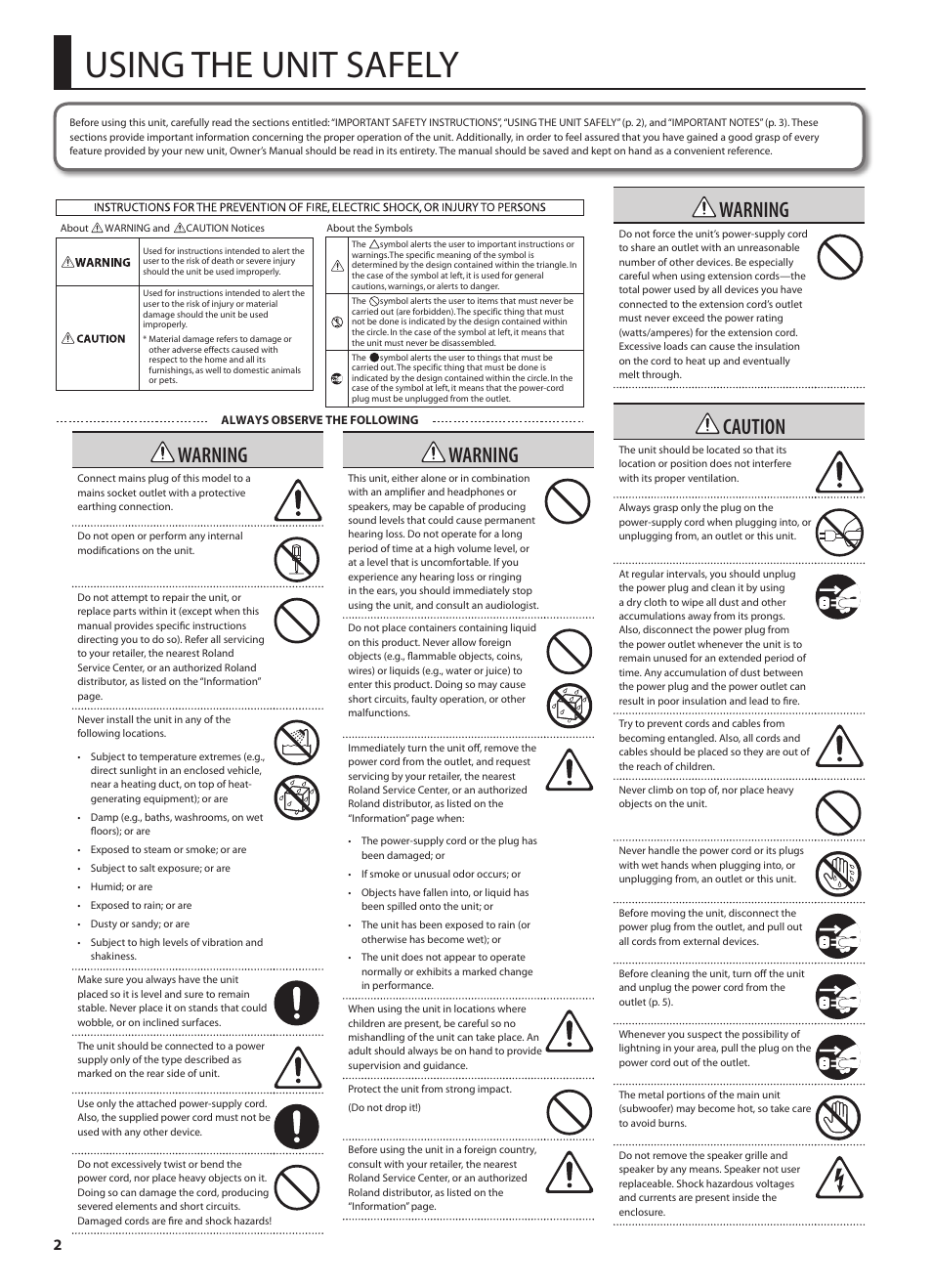 Using the unit safely, Warning, Caution | Roland CUBE MONITOR cm110 User Manual | Page 4 / 92