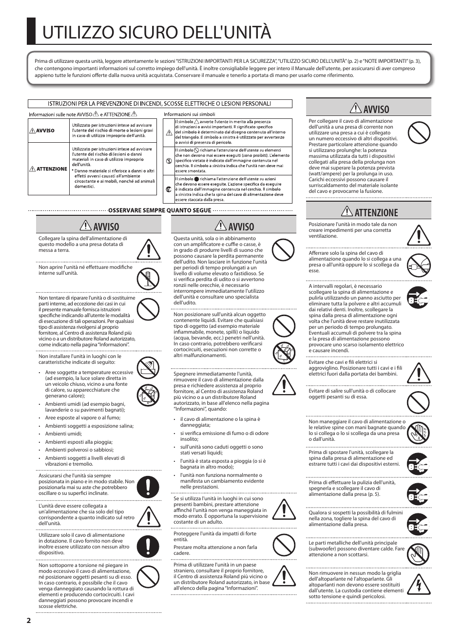 Utilizzo sicuro dell'unità, Avviso, Attenzione | Roland CUBE MONITOR cm110 User Manual | Page 40 / 92