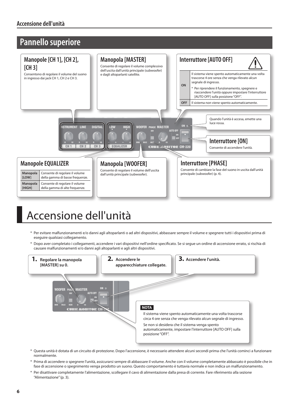 Pannello superiore, Accensione dell'unità, Interruttore [on | Manopola [master, Interruttore [auto off, Manopole [ch 1], [ch 2], [ch 3, Manopola [woofer, Interruttore [phase, Manopole equalizer | Roland CUBE MONITOR cm110 User Manual | Page 44 / 92