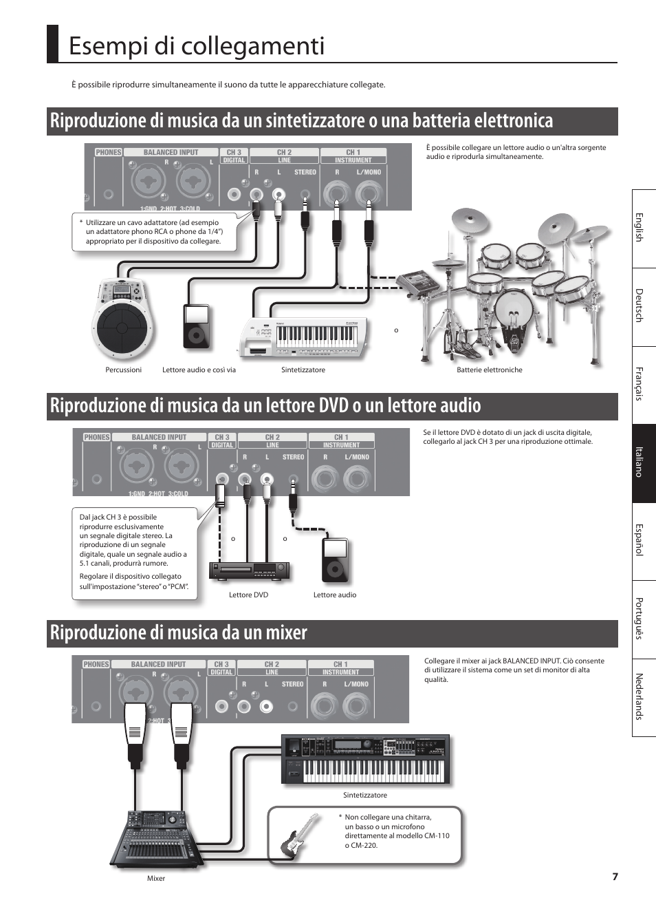 Esempi di collegamenti, Riproduzione di musica da un mixer | Roland CUBE MONITOR cm110 User Manual | Page 45 / 92