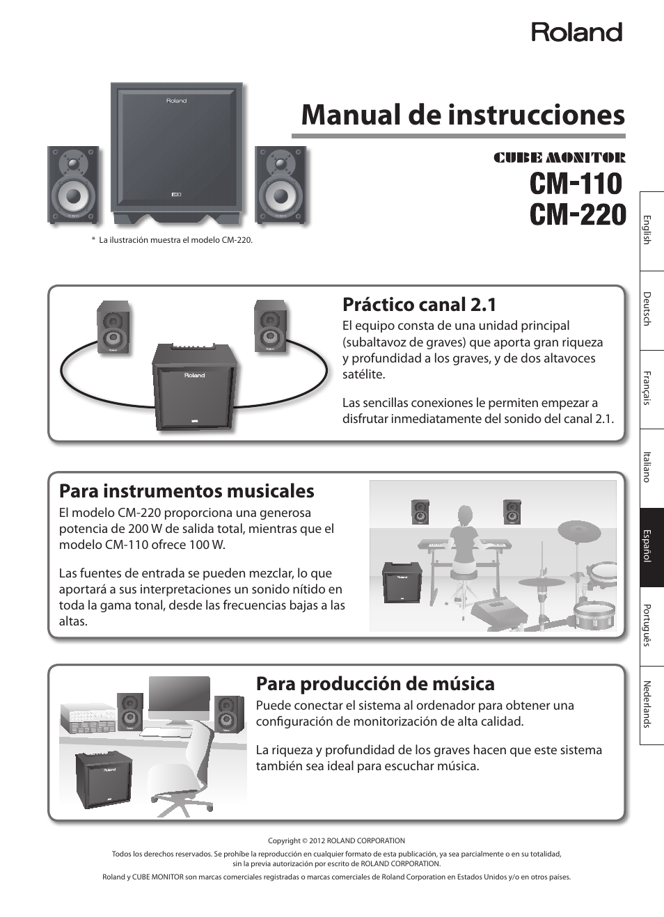 Español, Manual de instrucciones, Para instrumentos musicales | Para producción de música, Práctico canal 2.1 | Roland CUBE MONITOR cm110 User Manual | Page 51 / 92