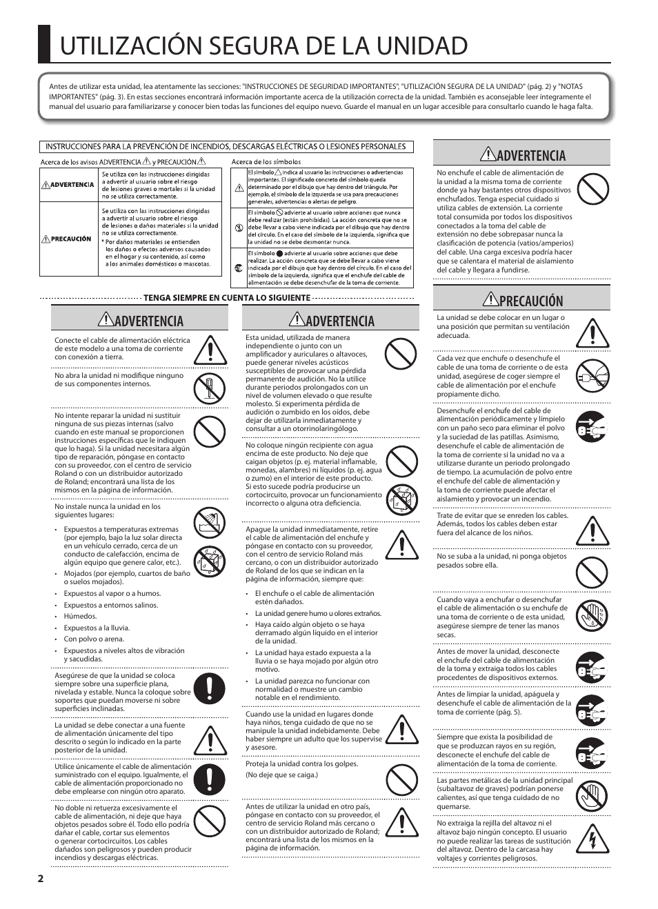 Utilización segura de la unidad, Advertencia, Precaución | Roland CUBE MONITOR cm110 User Manual | Page 52 / 92